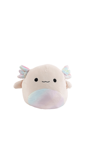 Plush axolotl toy with beige body, pastel rainbow fins, sleepy face