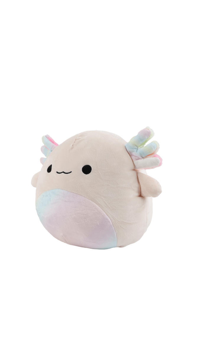 Plush axolotl toy with beige body, pastel fins and side smile, round belly