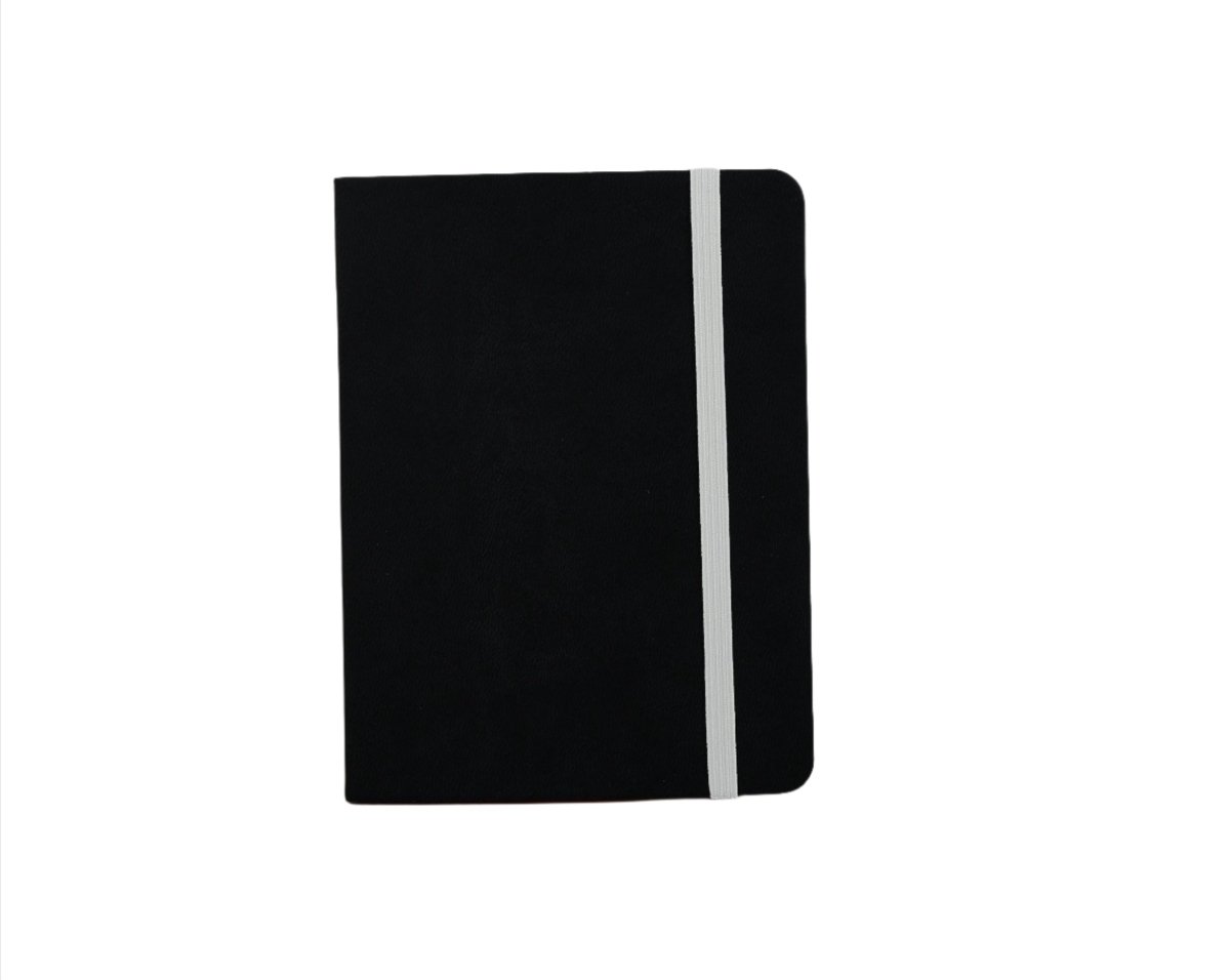 Black compact notebook with light gray vertical elastic band