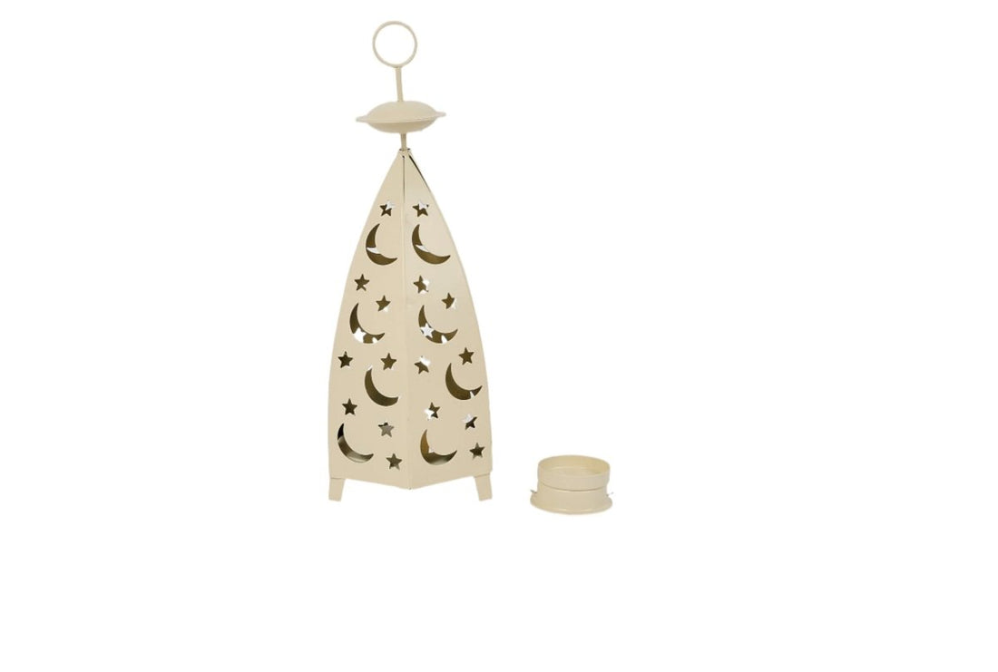 Beige Ramadan lantern with moon and star cutouts, plus small candle cup