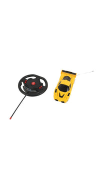 RC racing car set with yellow car and black steering wheel controller