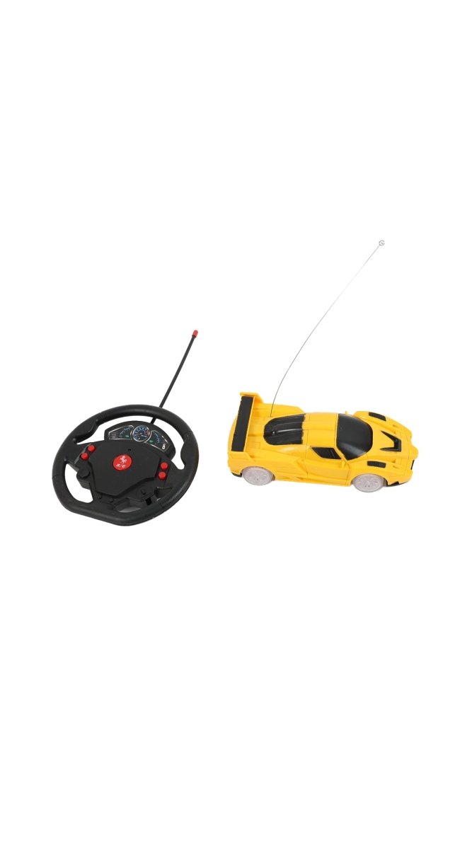 RC racing car set with yellow car and black steering wheel controller
