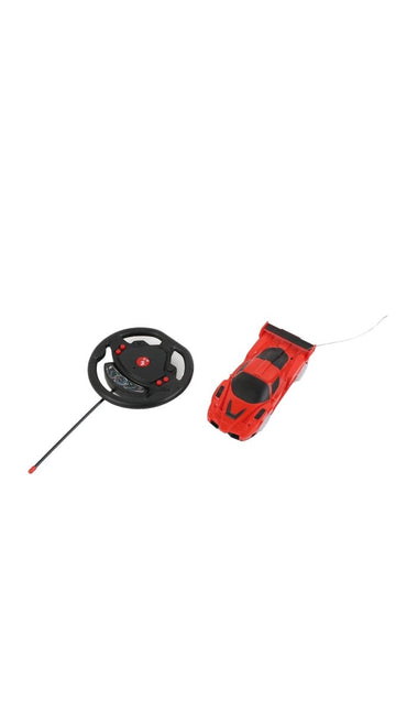 RC racing car set with red car and black steering wheel controller
