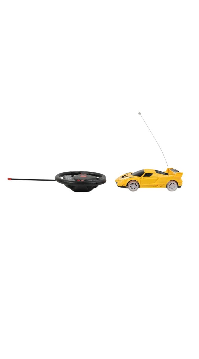 RC racing car set with yellow and red cars plus black steering wheel controller
