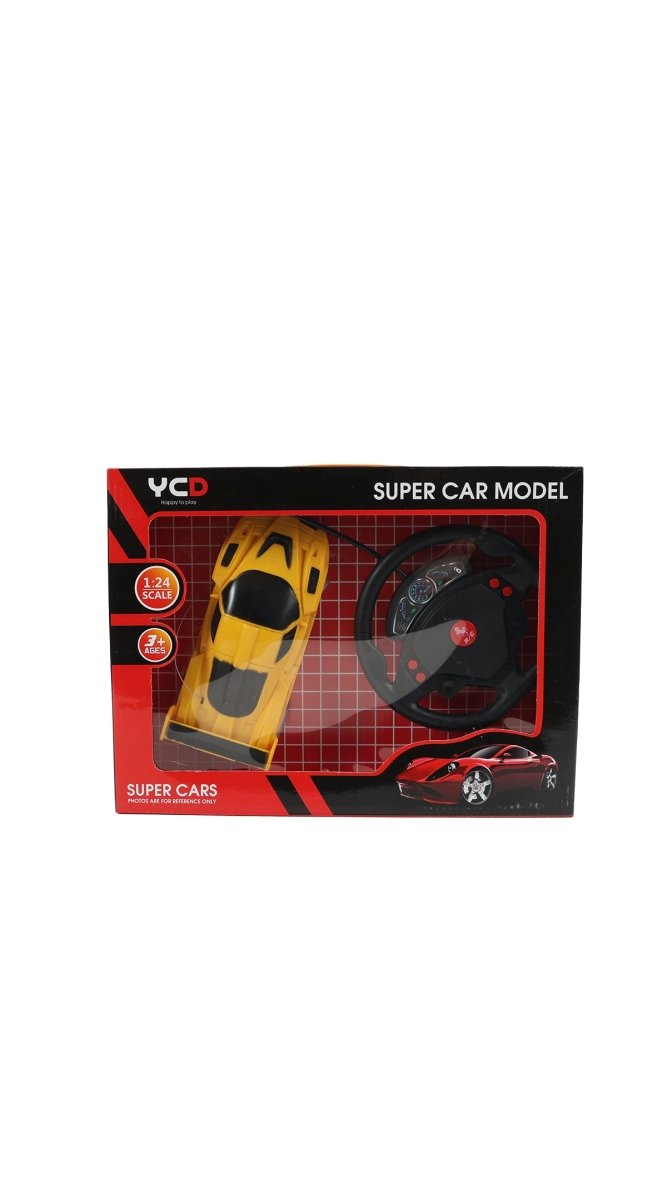 RC racing car toy box set showing yellow car and black steering wheel remote