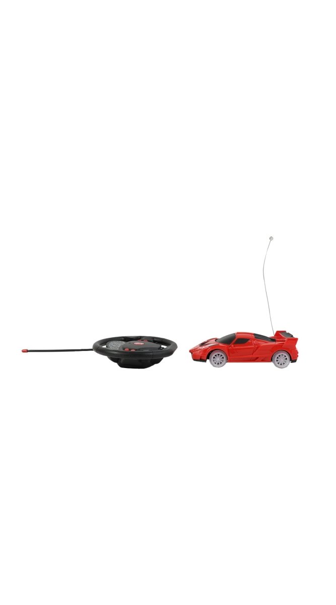 RC racing car set with small red car and black steering wheel controller