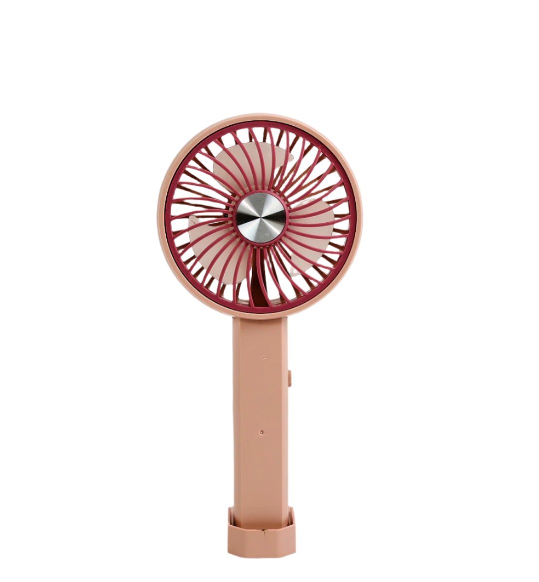 Handheld rechargeable mini fan with maroon front grille and rose handle