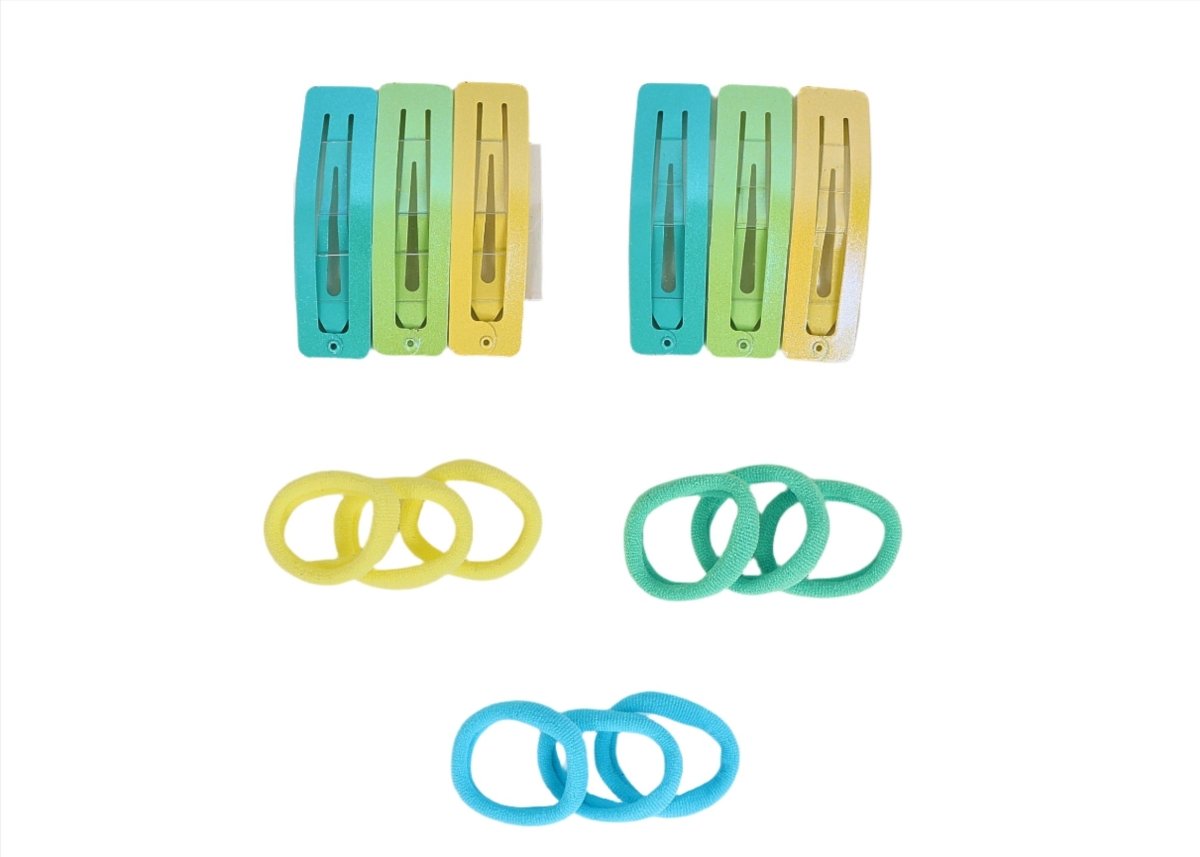 Kids hair clips in yellow, green, blue, and teal tones, shown as separate pairs
