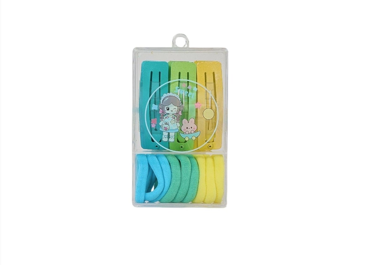 Kids hair clips set in teal, blue, and yellow tones, clear hanging package