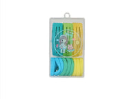 Kids hair clips set in teal, blue, and yellow tones, clear hanging package