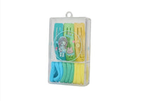 Kids hair clips set in teal, green, and yellow tones, clear hanging package