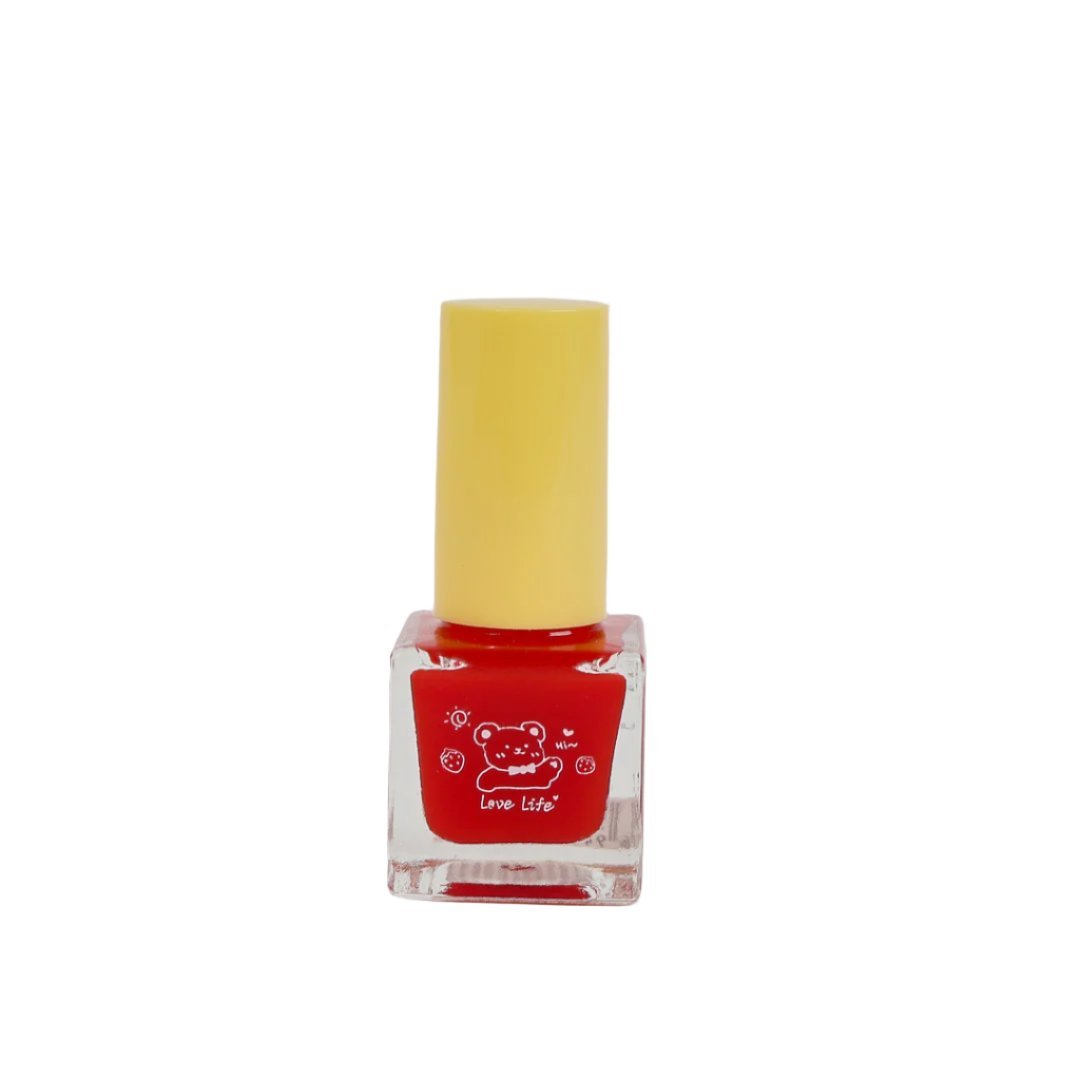 Red nail polish bottle with yellow cap and cute bear graphic on front