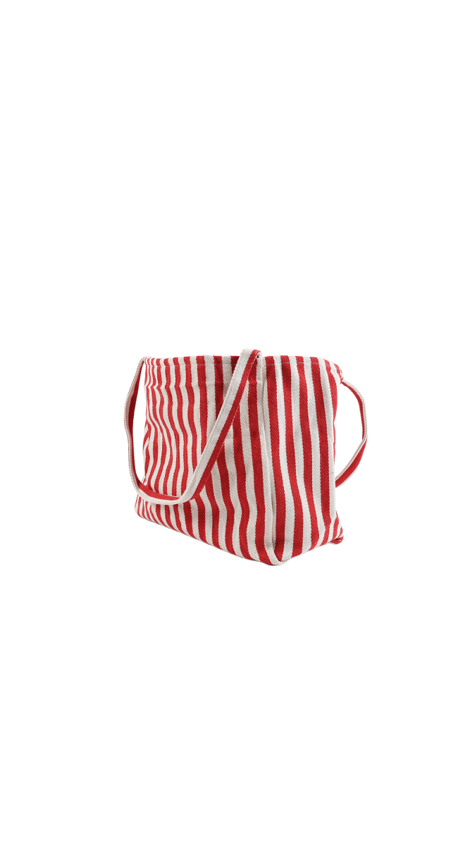 Red and white striped tote bag with short handles and front pocket seam