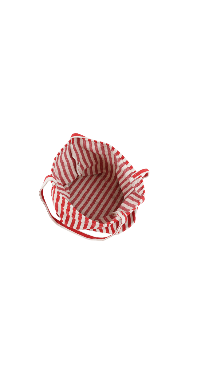 Red and white striped tote bag with open top and drawstring-style ruffle edge
