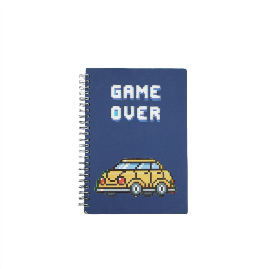 Blue spiral notebook cover with pixel car and 'GAME OVER' text
