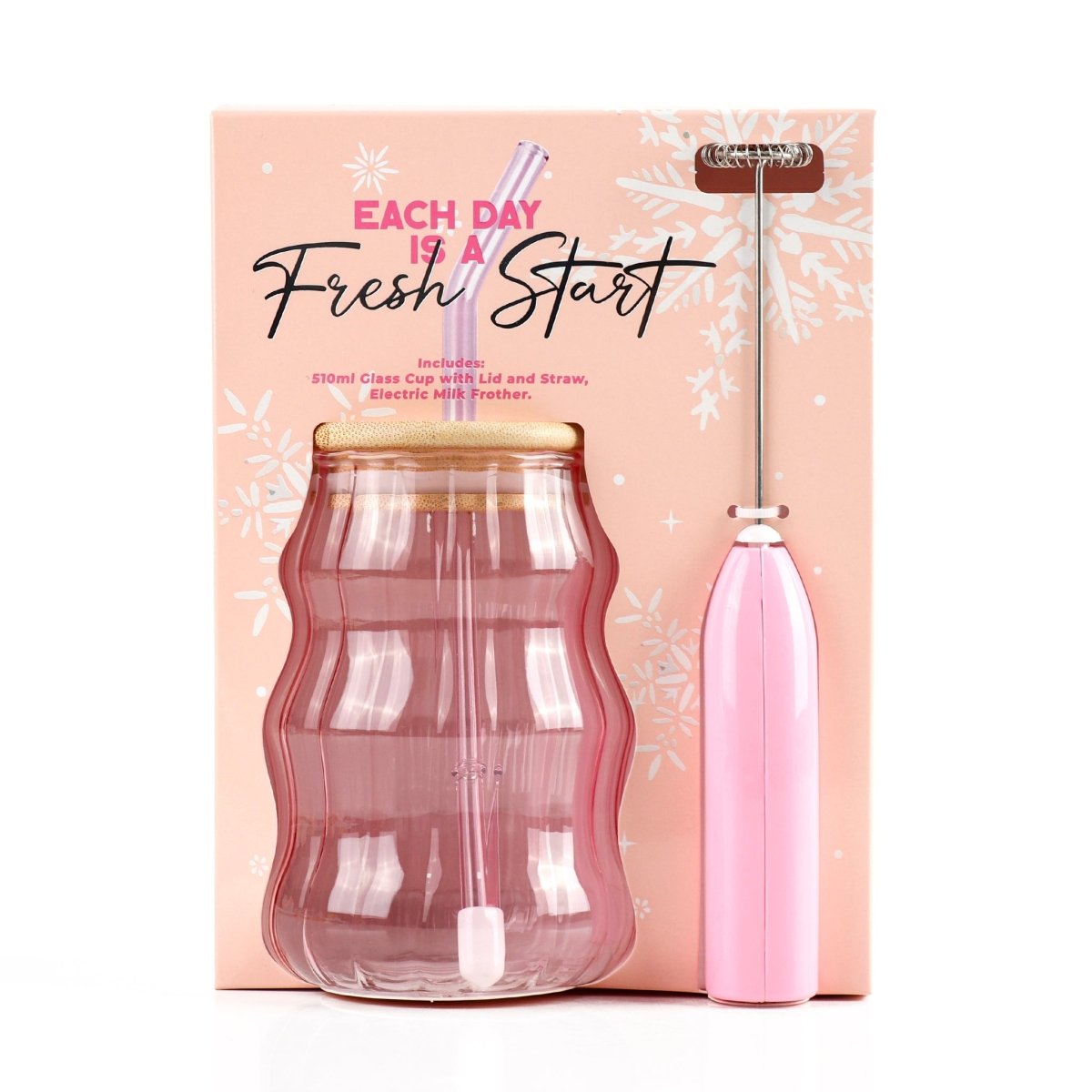 Ribbed Glass Cup with Wooden Lid and Straw + Milk Frother - MIDI