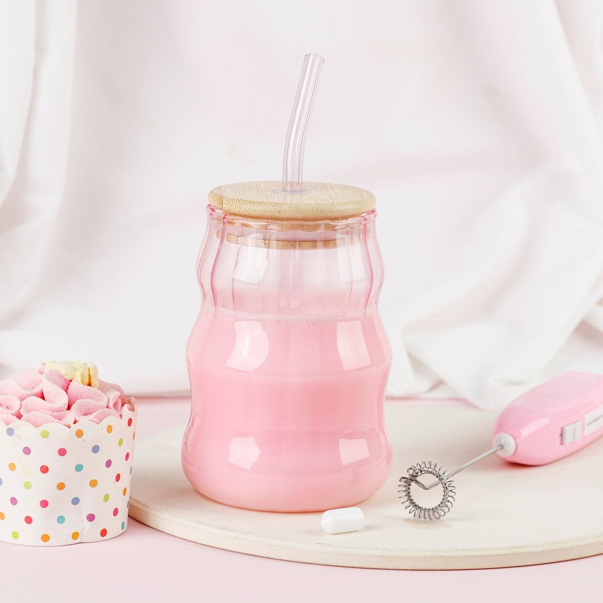 Ribbed Glass Cup with Wooden Lid and Straw + Milk Frother - MIDI