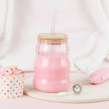 Ribbed Glass Cup with Wooden Lid and Straw + Milk Frother - MIDI