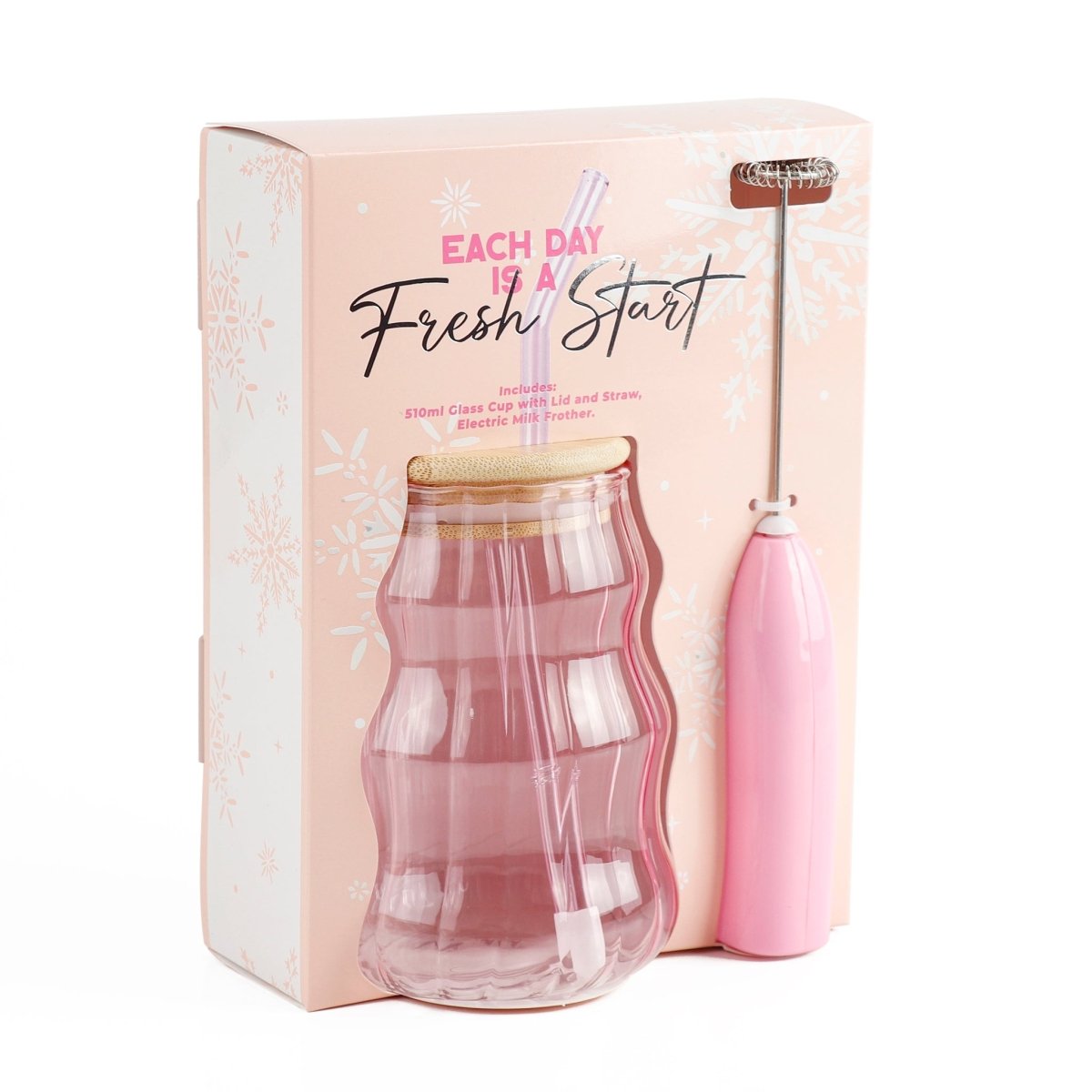 Ribbed Glass Cup with Wooden Lid and Straw + Milk Frother - MIDI