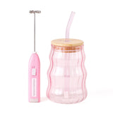 Ribbed Glass Cup with Wooden Lid and Straw + Milk Frother - MIDI
