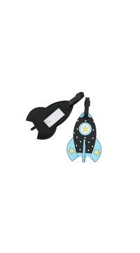 Kids rocket luggage tag with blue front design, black strap, and label pocket
