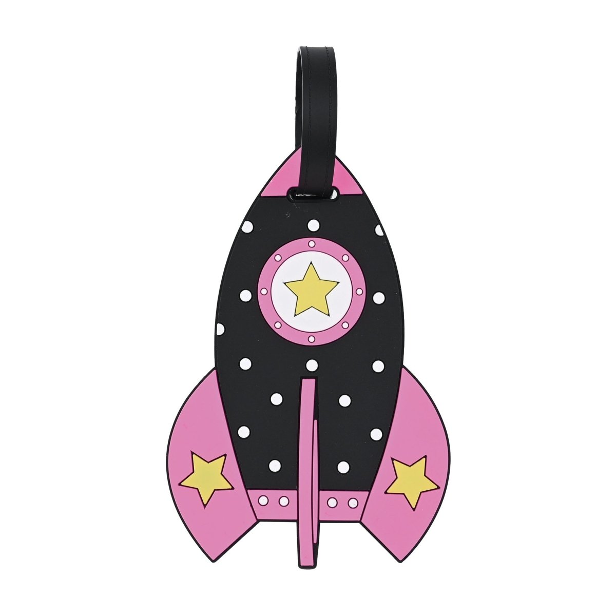 Pink rocket-shaped kids luggage tag with black strap and circular star emblem