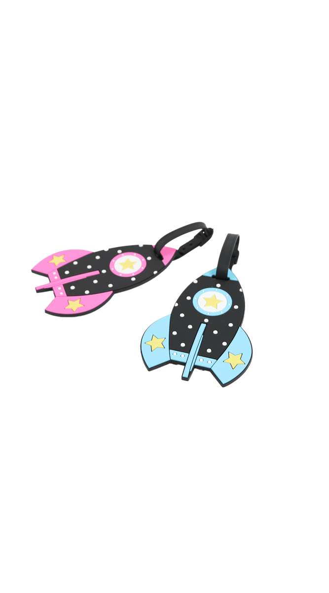 Kids rocket luggage tags, pink and blue, set of 2