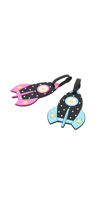 Kids rocket luggage tags, pink and blue, set of 2