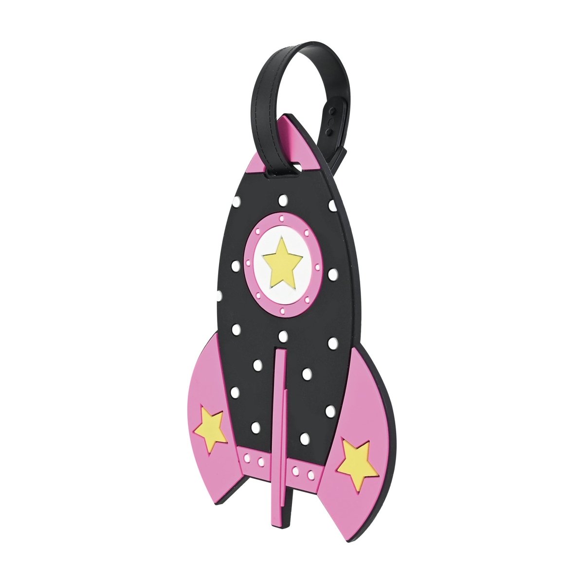 Pink rocket-shaped kids luggage tag with black strap and star window detail