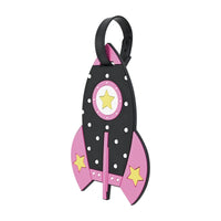 Pink rocket-shaped kids luggage tag with black strap and star window detail