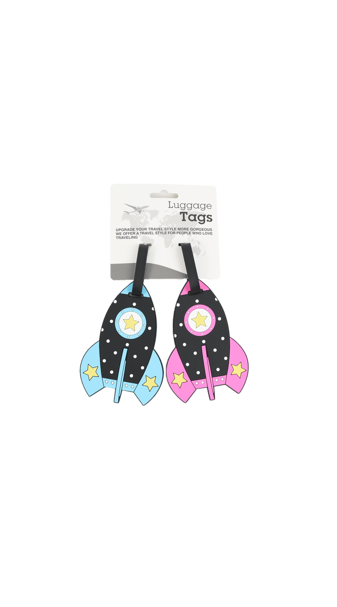 Kids luggage tag set of 2 with rocket designs in blue and pink