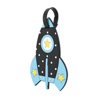 Blue rocket-shaped kids luggage tag with black strap and star window detail
