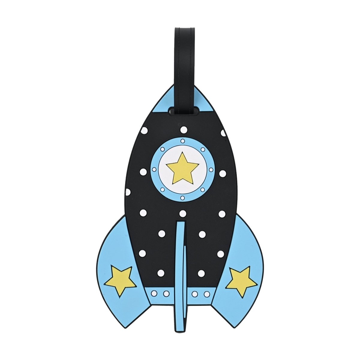 Blue rocket kids luggage tag with black strap and circular star emblem
