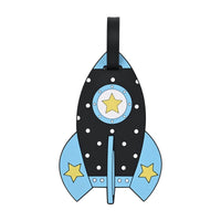 Blue rocket kids luggage tag with black strap and circular star emblem