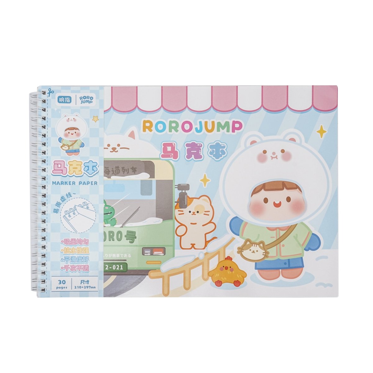A4 marker book with cartoon cover, spiral binding and lined pages, pink-and-blue design