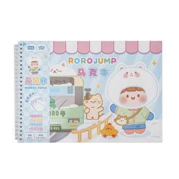 A4 marker book with cartoon cover, spiral binding and lined pages, pink-and-blue design
