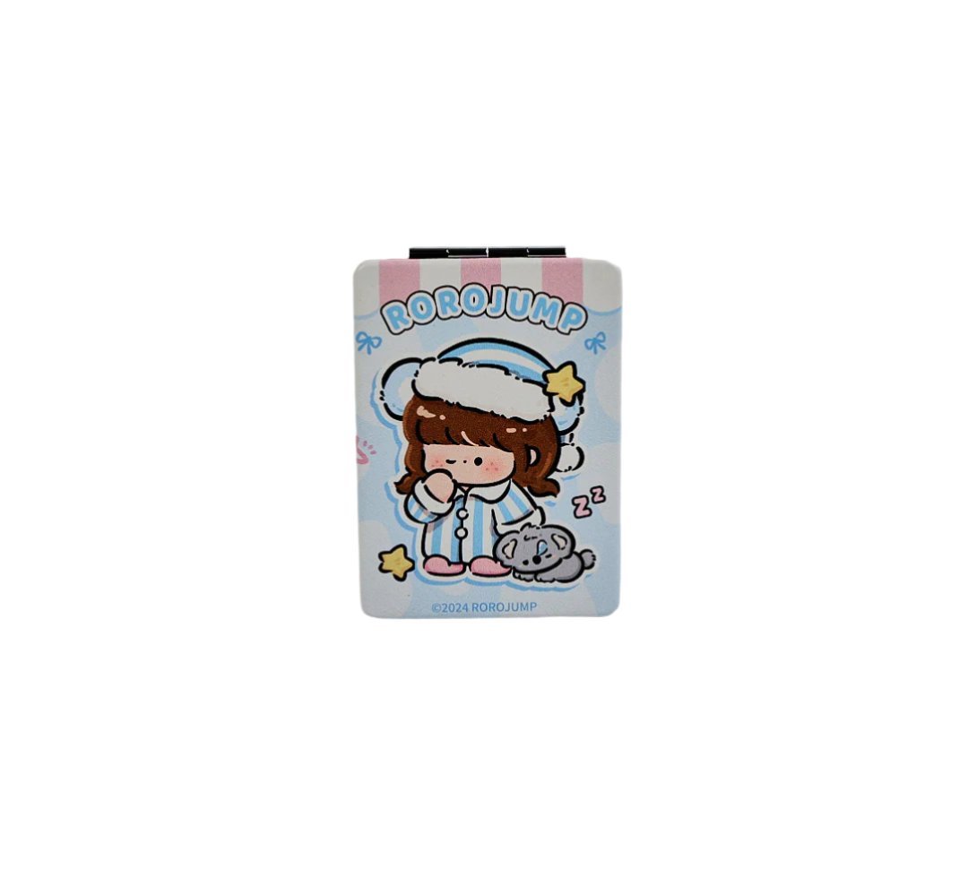Square double-sided compact mirror with cartoon cover, peach-pink case