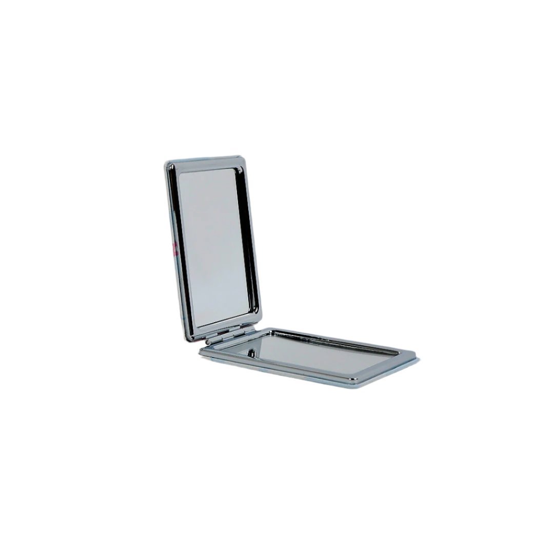 Open square double-sided compact mirror with grey frame, reflective interior