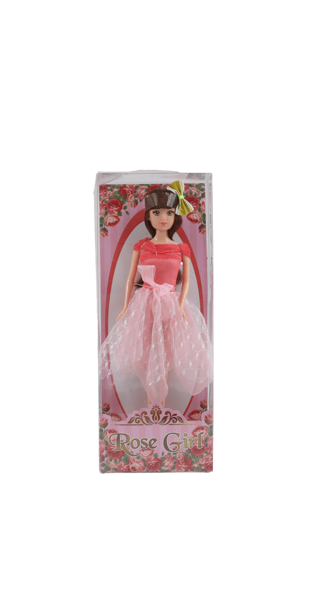 Fashion doll in window box wearing pink layered dress and black hat
