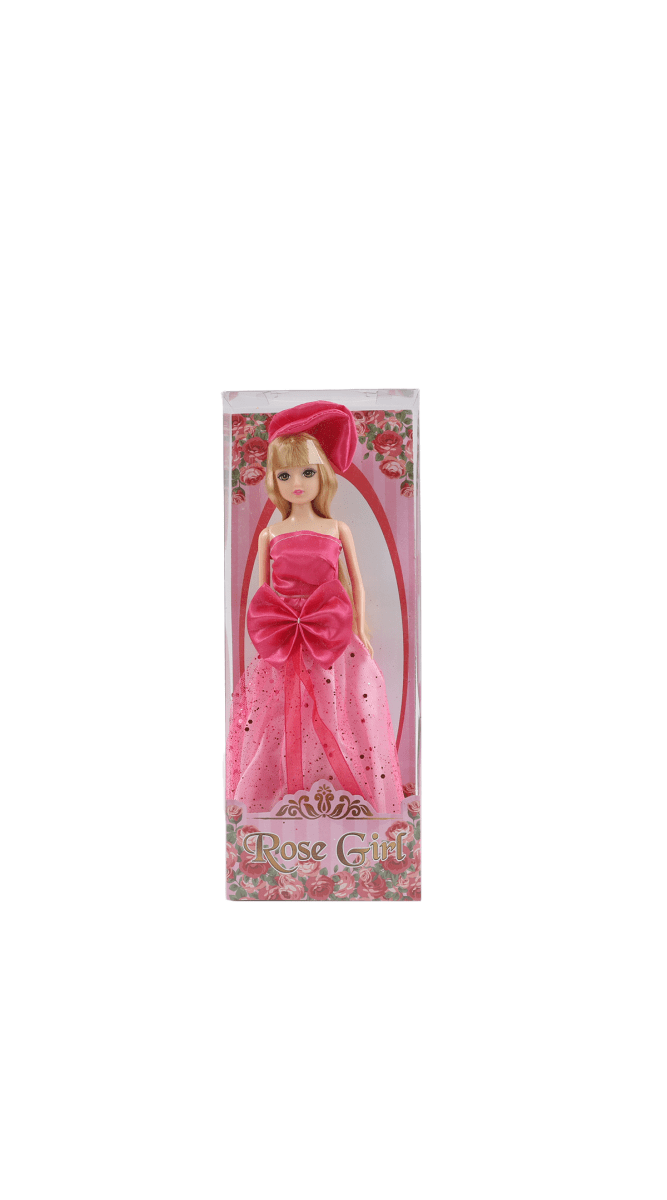 Fashion doll in window box wearing pink dress with bow