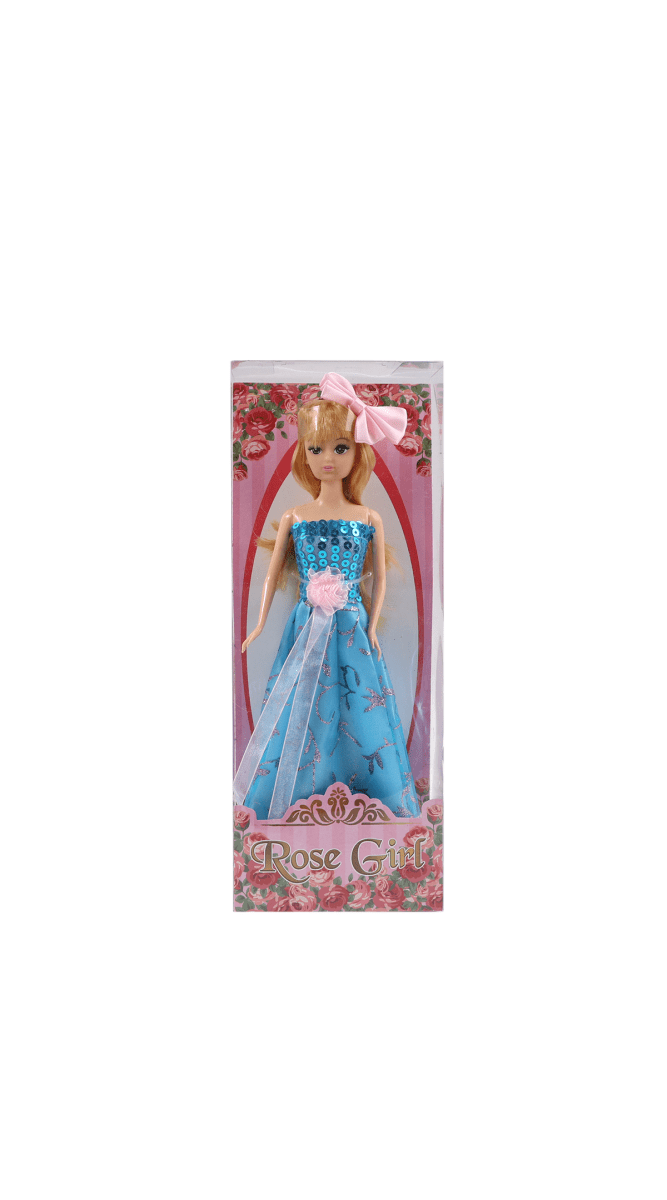 Fashion doll in window box wearing blue dress with pink headband