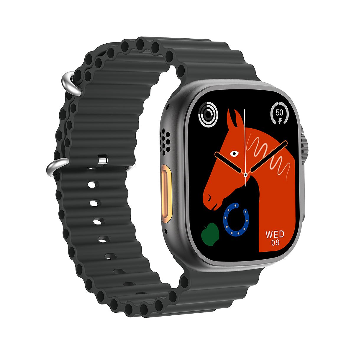 Rugged Apple Watch case and band with perforated strap and orange face graphic