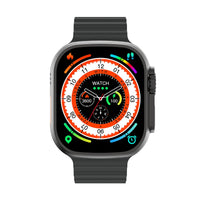 Apple Watch rugged case and band, front view with multicolor watch face display