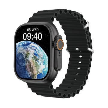 Rugged Apple Watch case and band in dark gray/black, with perforated link strap