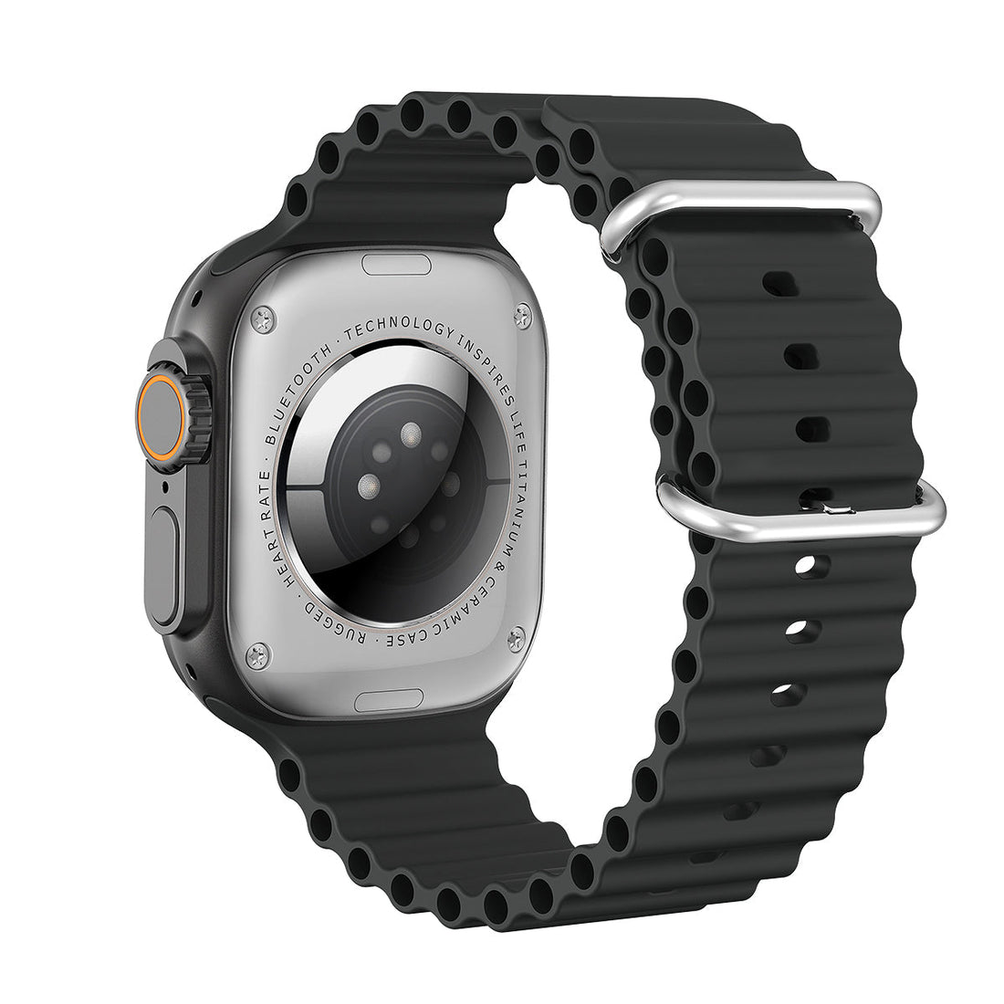 Apple Watch rugged case and band, side view with orange-tinted crown button