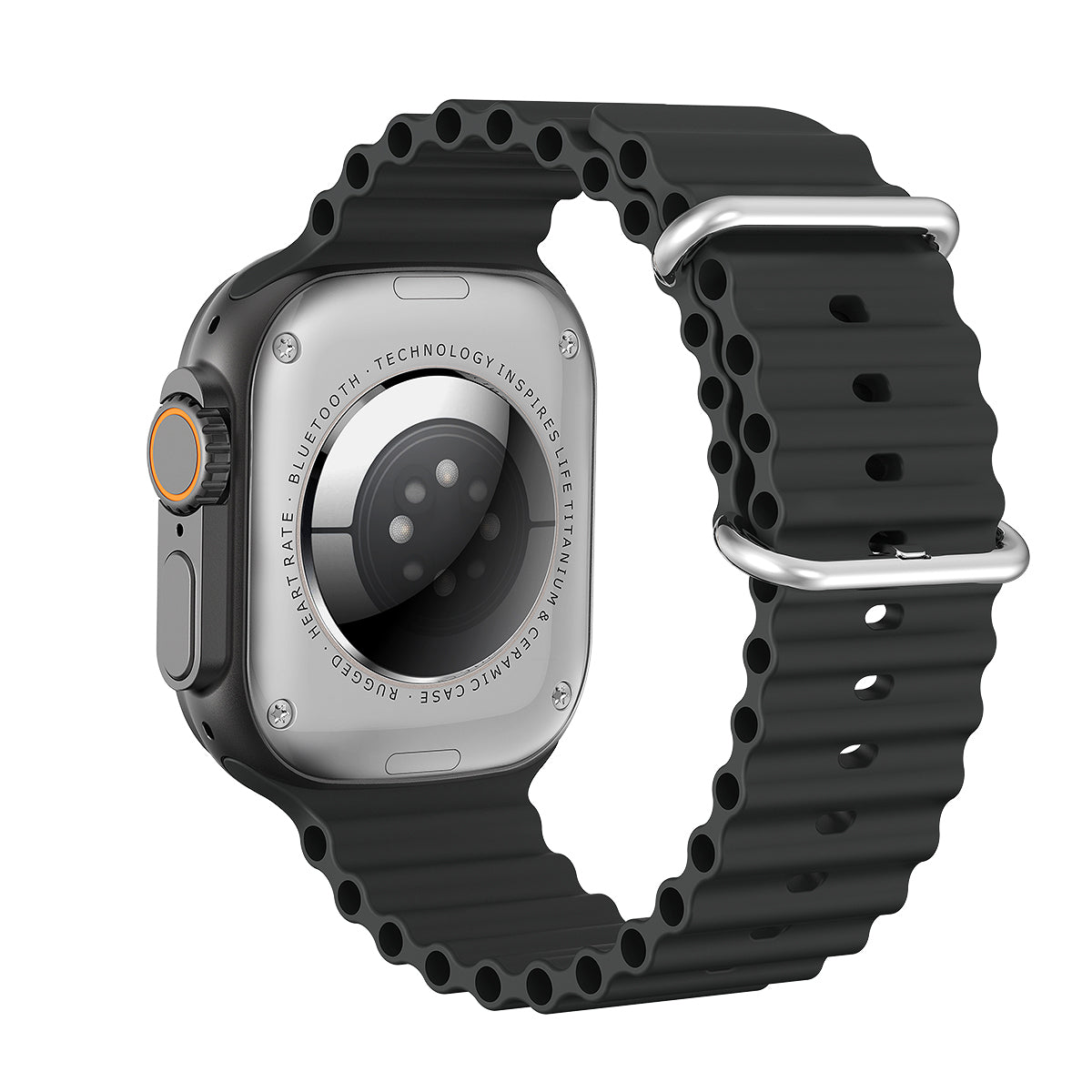 Apple Watch rugged case and band, side view with orange-tinted crown button