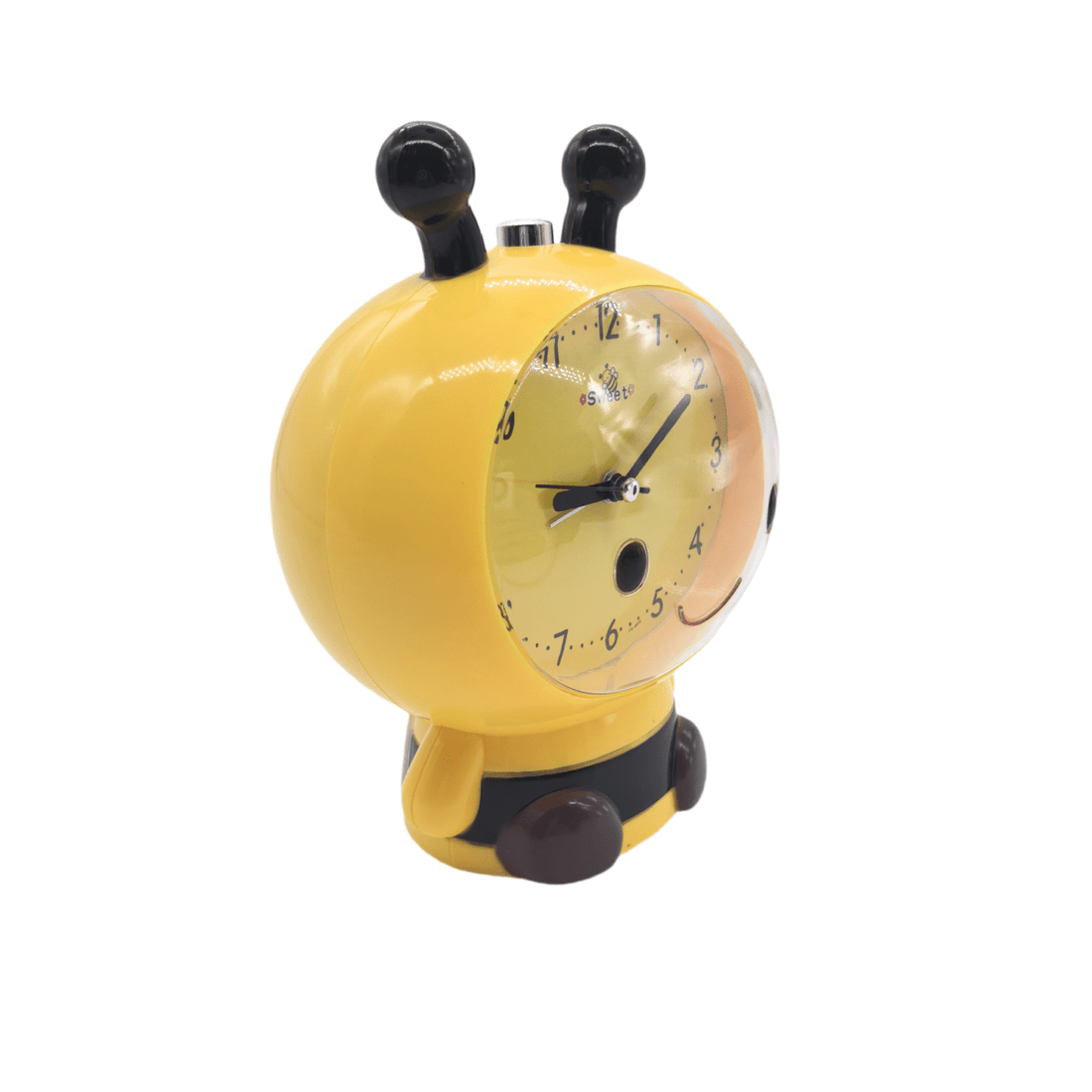 11 cm bee-design alarm clock, yellow body with side clock face and black antenna