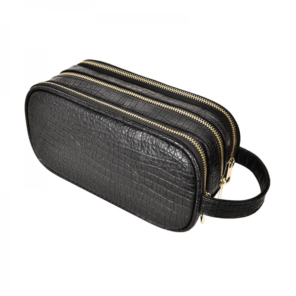 Dark textured faux leather 3-compartment travel case with wrist strap and zip closure