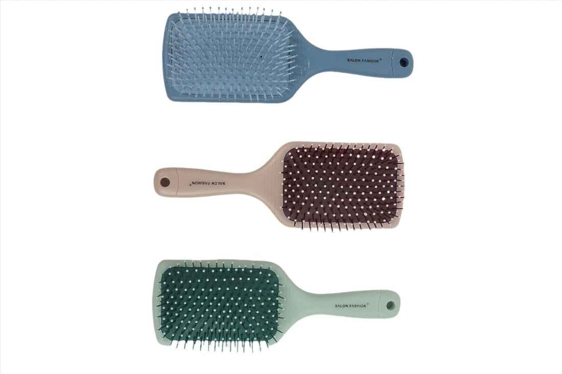 Set of three square paddle hair brushes with massage pins in blue, maroon, and green