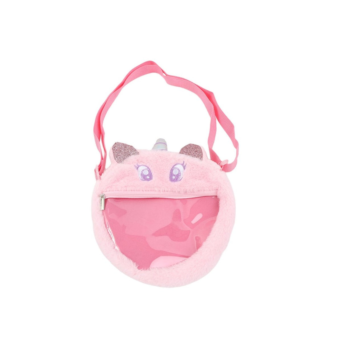 Fluffy pink satchel bag with cartoon unicorn horn and zip pocket